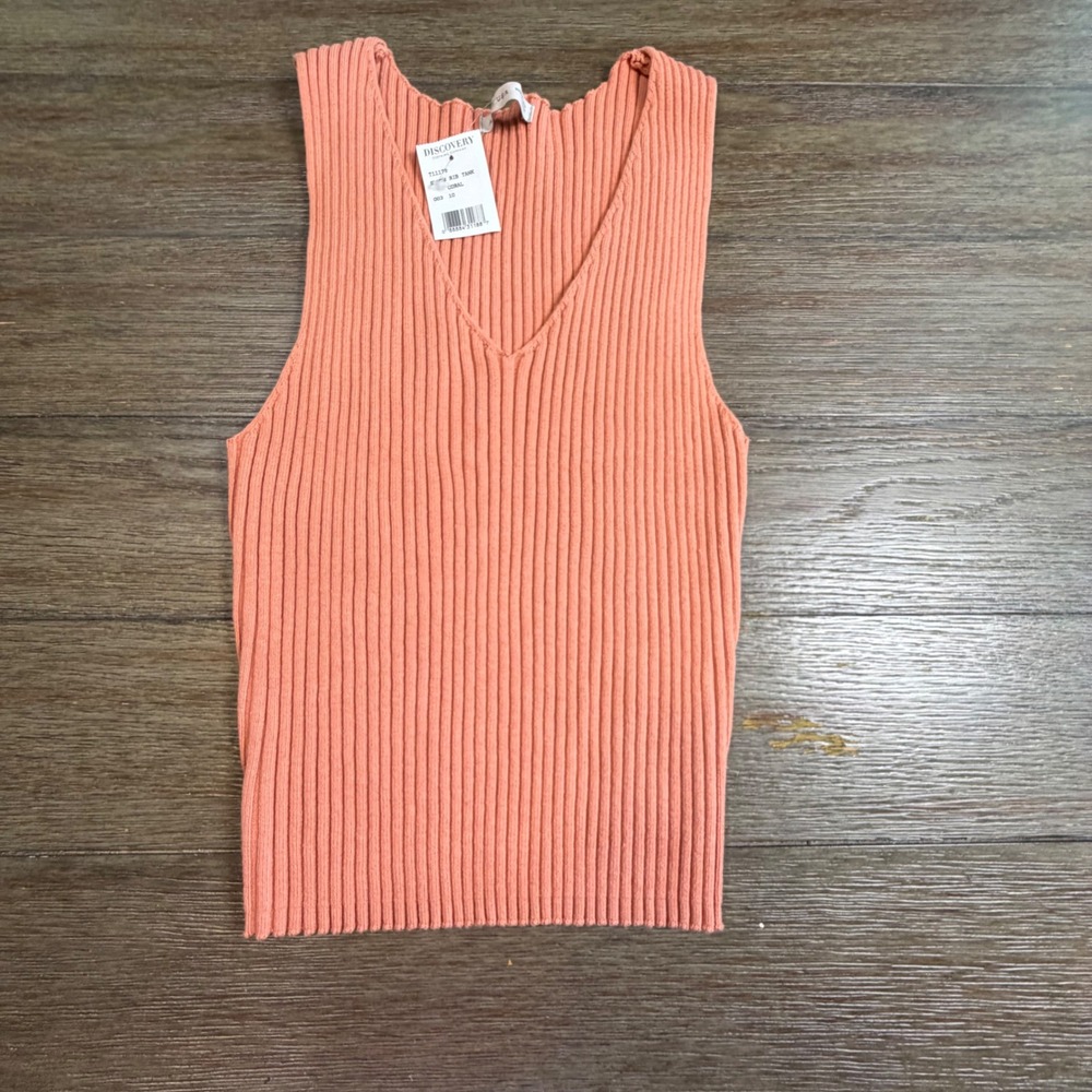 Active USA Ribbed 100% Cotton V-Neck Sweater Tank Top Coral Burnt Orange L NEW